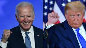 Le candidat démocrate à la présidentielle américaine Joe Biden, à Wilmington, et le président républicain sortant Donald Trump, à Washington, le 4 novembre 2020