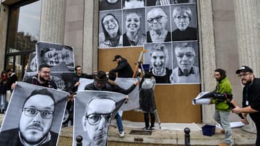 Des portraits géants des 150 citoyens et citoyennes de la Convention pour le climat réalisés par l'artiste JR et affichés au palais d'Iéna, à Paris, au siège du Conseil économique, social et environnemental