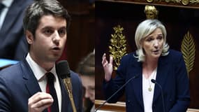 Gabriel Attal le 27 février 2024 à l'Assemblée nationale et Marine Le Pen le 30 janvier 2024 à l'Assemblée nationale