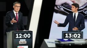 Olivier Faure et Gabriel Attal lors d'un débat télévisé sur France 2 le 27 juin 2024