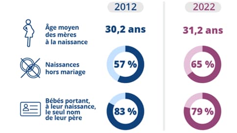 Caractéristiques des naissances en France entre 2012 et 2022, selon l'Insee