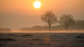 Le soleil se lève sur la campagne gelée le 21 janvier 2019 à Lavau-sur-Loire, dans l'ouest de la France.