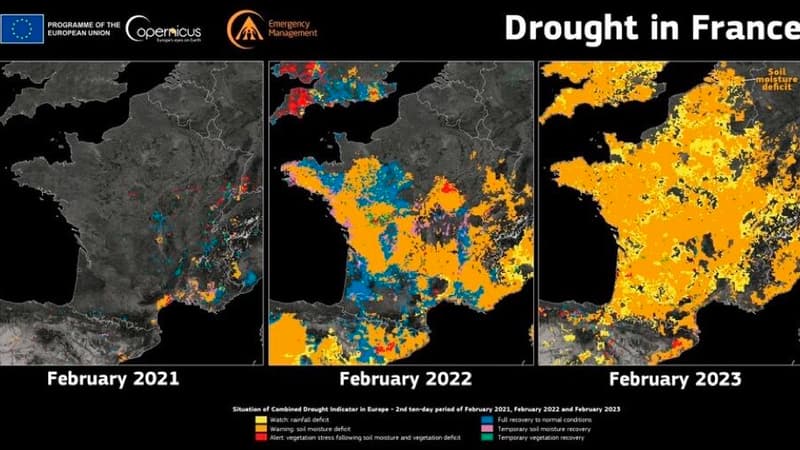 L'étendue de la sécheresse dans l'Hexagone en février 2023, comparée aux mois de février 2022 et 2021
