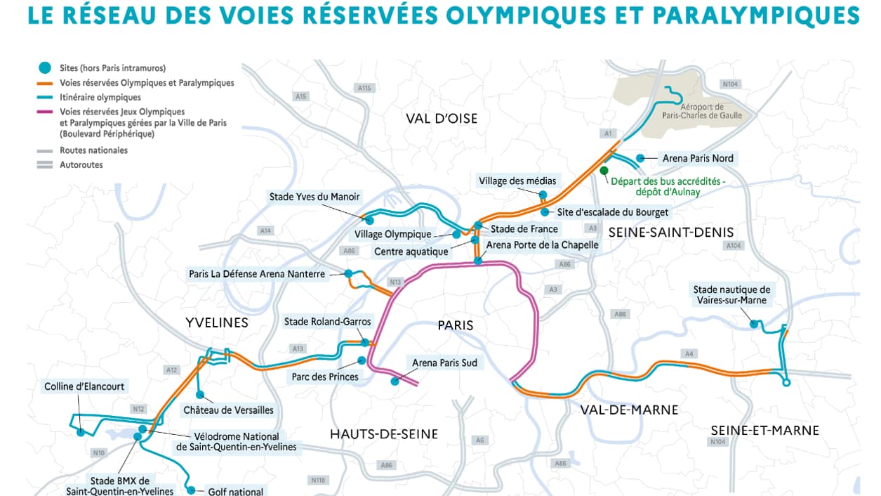 "Le réseau des voies réservées olympiques et paralympiques", carte éditée par le site du gouvernement "Anticiper les Jeux".