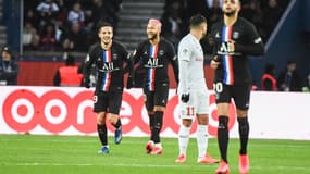 Pablo Sarabia, Neymar, Téji Savanier et Layvin Kurzawa lors de PSG-Montpellier, au Parc des Princes le 1er février 2020