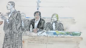Ce portrait-robot réalisé le 20 novembre 2024 montre Pierre Palmade entouré de ses avocats Alain Barsikian et Céline Lasek, face à Mourad Battikh, l'avocat de la famille des victimes, lors d'une audience de la Cour d'appel de Paris.