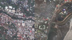 Photographies satellite datant de novembre 2024 (à gauche) et du 16 décembre 2024 (à droite) après le passage du cyclone Chido à Mayotte