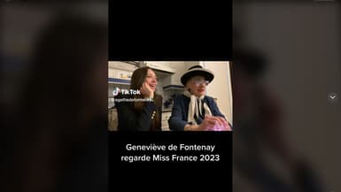 La petite-fille de Geneviève de Fontenay, Agathe, filme sa grand-mère en train de commenter le concours Miss France, le 17 décembre 2023.
