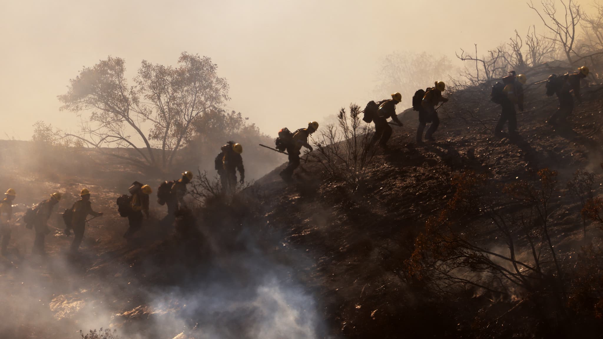 Les pompiers grimpent sur une crête alors qu'un flanc de montagne brûle pendant que l'incendie de Franklin se développe à Malibu, en Californie, le 10 décembre 2024.