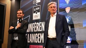 Jérôme Cazadieu et Nicolas de Tavernost de LFP Media lors du lancement de la plateforme Ligue 1+, le 10 juillet 2025