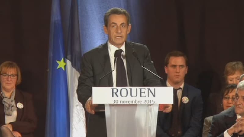 Nicolas Sarkozy, en meeting à Rouen, lundi soir. 