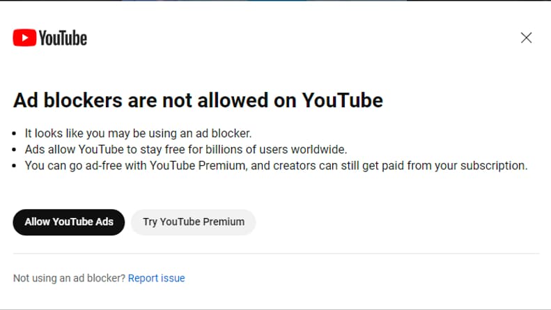 Ce message apparait pour dissuader d'utiliser un bloqueur de publicités Ce message apparait pour dissuader d'utiliser un bloqueur de publicités