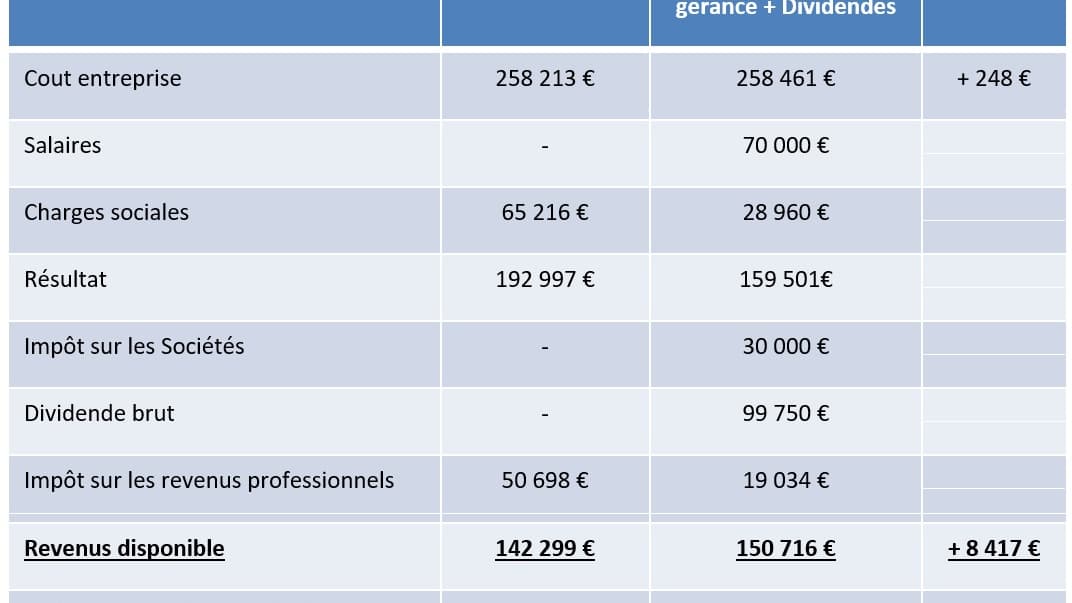 Tableau d'exemple sur la fiscalité pour un professionnel libéral