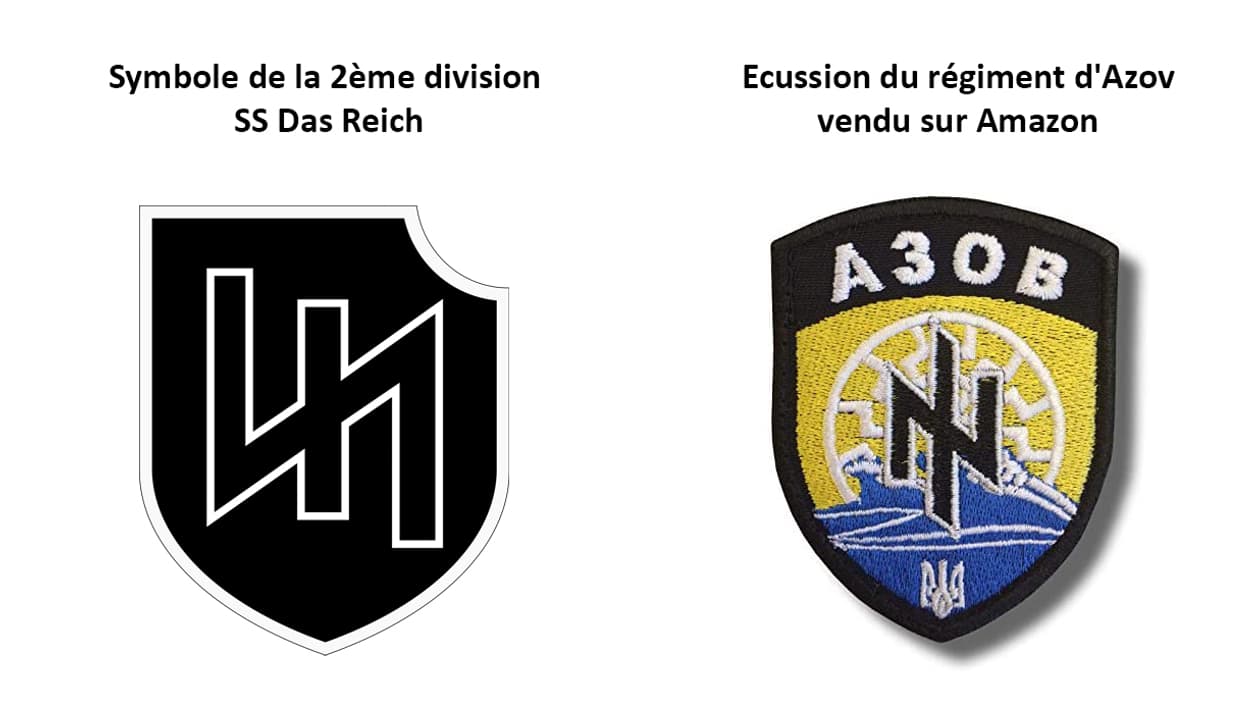 Le logo de la 2ème division SS Das Reich et le symbole utilisé par le régiment d'Azov, en Ukraine, sur un écusson vendu sur Amazon. Le logo de la 2ème division SS Das Reich et le symbole utilisé par le régiment d'Azov, en Ukraine, sur un écusson vendu sur Amazon.