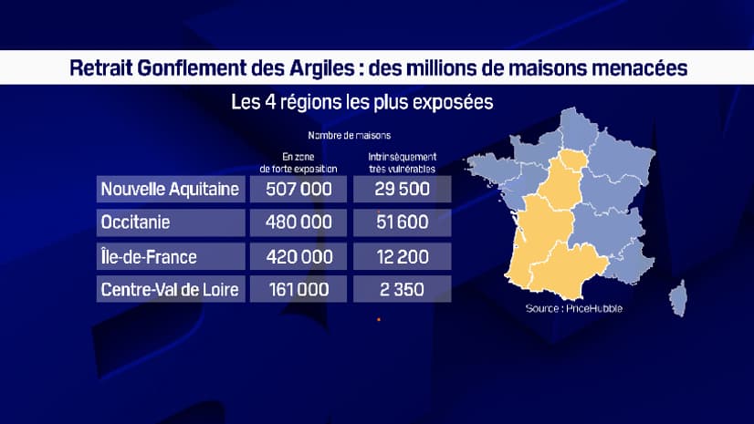 Les quatre régions les plus exposées au risque retrait gonflement des argiles.