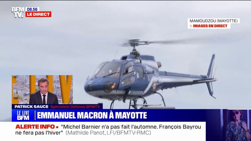 Emmanuel Macron décolle de l'aéroport de Mayotte à bord d'un hélicoptère