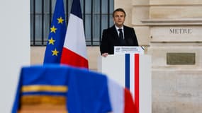 Emmanuel Macron le 14 février 2024 lors de l'hommage rendu à Robert Badinter 