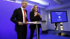 Laurent Wauquiez et NKM après le bureau politique du 5 mai, au siège de l'UMP.