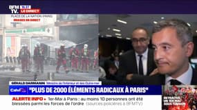 Manifestations du 1er-Mai: le policier victime d'un jet de cocktail Molotov à Paris "a le visage et les bras brûlés", mais "son pronostic vital n'est pas engagé", affirme Gérald Darmanin