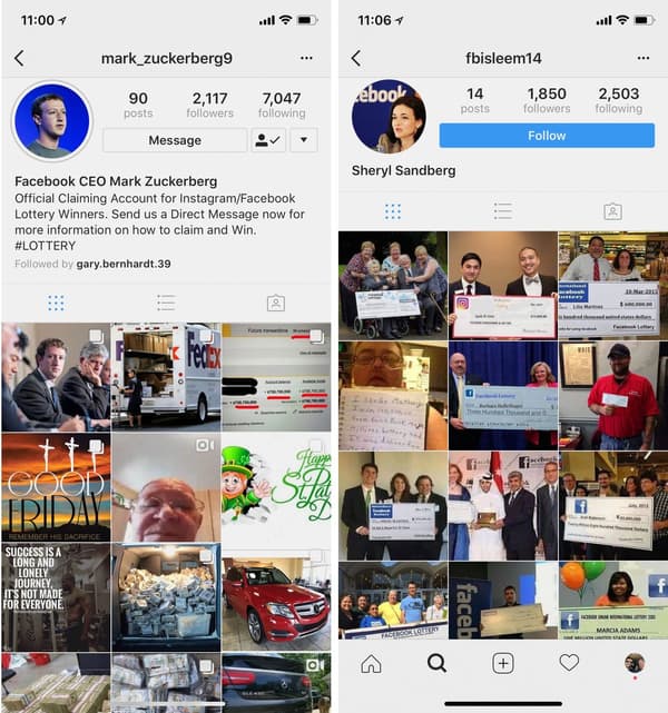 Exemples de faux profils Instagram