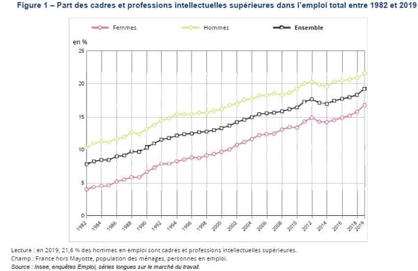 En 2019, en France, 5,2 millions de personnes en emploi sont cadres ou professions intellectuelles supérieures, soit 19 % de l'emploi total.