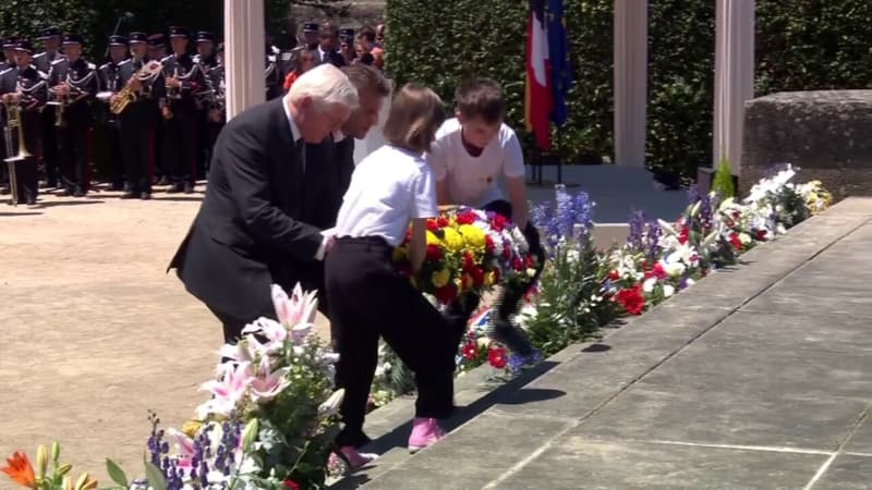 80 ans du massacre d'Oradour-sur-Glane: Frank-Walter Steinmeier et Emmanuel Macron déposent une gerbe en hommage aux victimes