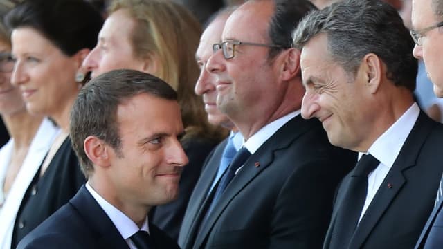 Emmanuel Macron, Nicolas Sarkozy et François Hollande lors des commémorations de l'attentat de Nice, le 14 juillet 2017. (Photo d'illustration)