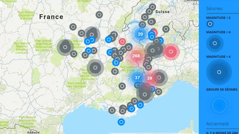 Pas moins de 268 séismes ont secoué la vallée de la Maurienne, comme le montre cette carte.