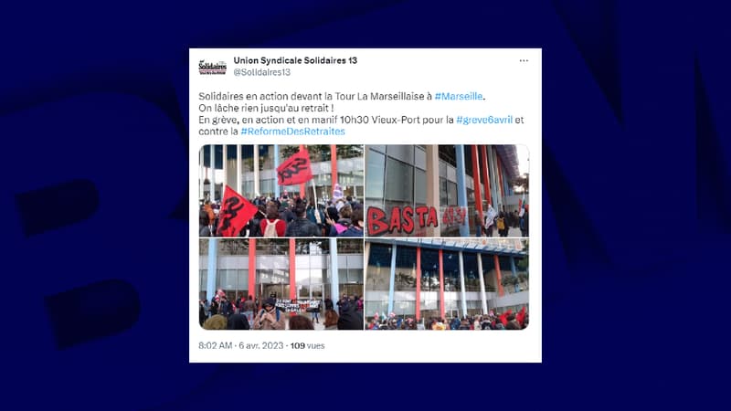 Des manifestants bloquent l'entrée de la tour La Marseillaise, dans le 2e arrondissement de Marseille.