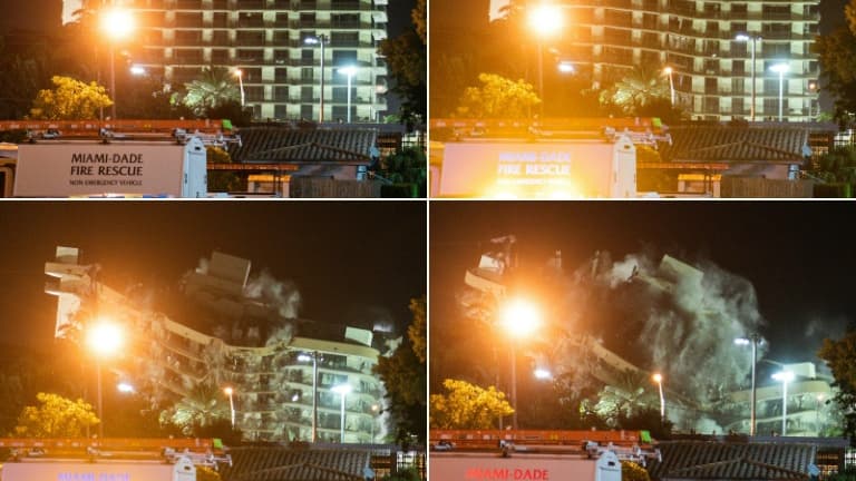 Explosion contrôlée de l'immeuble Champlain South tower, à Surfside près de Miami, le 4 juillet 2021