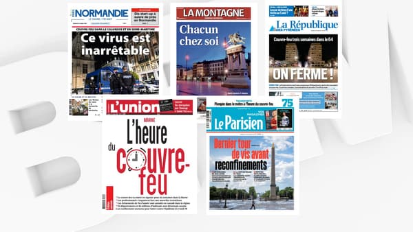 Les unes de la presse quotidien régionale au lendemain de l'annonce de l'extension du couvre-feu, le 23 octobre 2020. Les unes de la presse quotidien régionale au lendemain de l'annonce de l'extension du couvre-feu, le 23 octobre 2020.