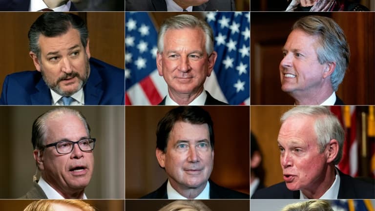 Montage photo réalisé le 2 janvier 2021 des sénateurs républicains qui exposeront leurs objections à la certification de la victoire de Joe Biden mercredi au Congrès: Josh Hawley, Steve Daines, Cynthia Lummis, Ted Cruz, Tommy Tuberville, Roger Marshall, Mike Braun, Bill Hagerty, Ron Johnson, James Lankford, Marsha Blackburn, John Kennedy