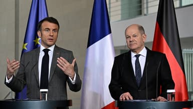 Le président de la République Emmanuel Macron et le chancelier allemand Olaf Scholz à Berlin le 15 mars 2024