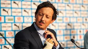 Pablo Longoria le 12 août lors de la conférence de presse de présentation de Hojbjerg, Koné et Cornelius