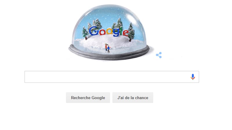 Le doodle du jour est une boule de neige dans laquelle patinent deux amoureux.