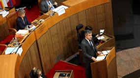 Le ministre de la Justice, Gérald Darmanin, devant l'Assemblée corse le 27 février 2025 à Ajaccio