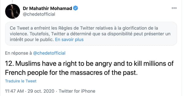 Twitter n'a pour l'heure pas suspendu le compte de l'ex Premier ministre malaisien. Twitter n'a pour l'heure pas suspendu le compte de l'ex Premier ministre malaisien.