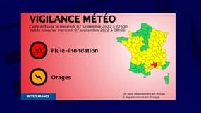 Trois départements ont été placés en vigilance rouge ou orange pour risque de pluie ou d'inondation par Météo France dans la nuit du 6 au 7 septembre 2022