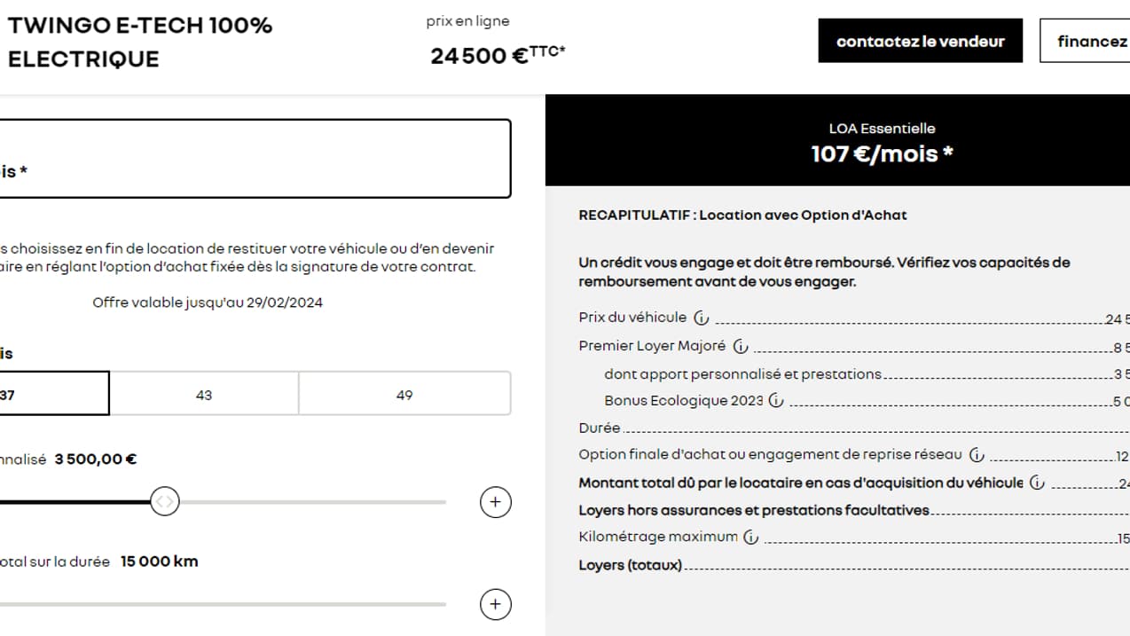 Un loyer à 107 euros par mois pour cette Twingo hors leasing social.