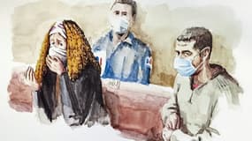 Croquis d'audience représentant la mère de Fiona, Cécile Bourgeon (g) et son ex-compagnon, Berkane Makhlouf (d), lors de leur procès en appel à Lyon, le 4 décembre 2020