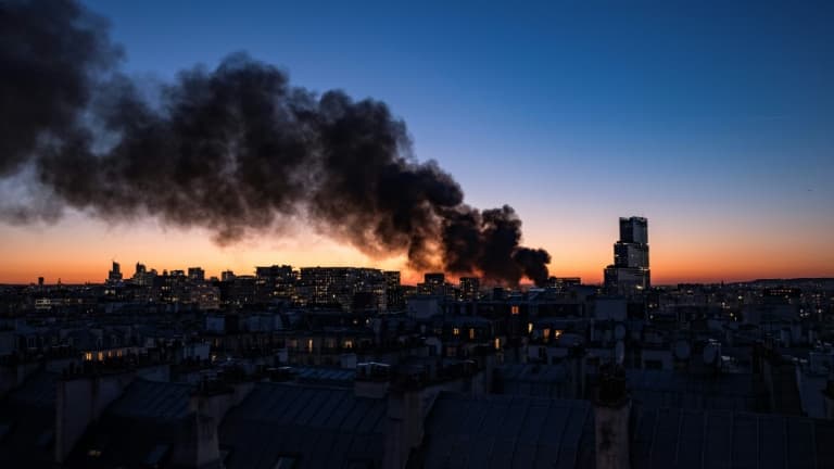 Un épais nuage de fumée dans le ciel de Paris alors qu'un important incendie s'est déclaré dans un centre de déchets dans le 17e arrondissement, le 7 avril 2025