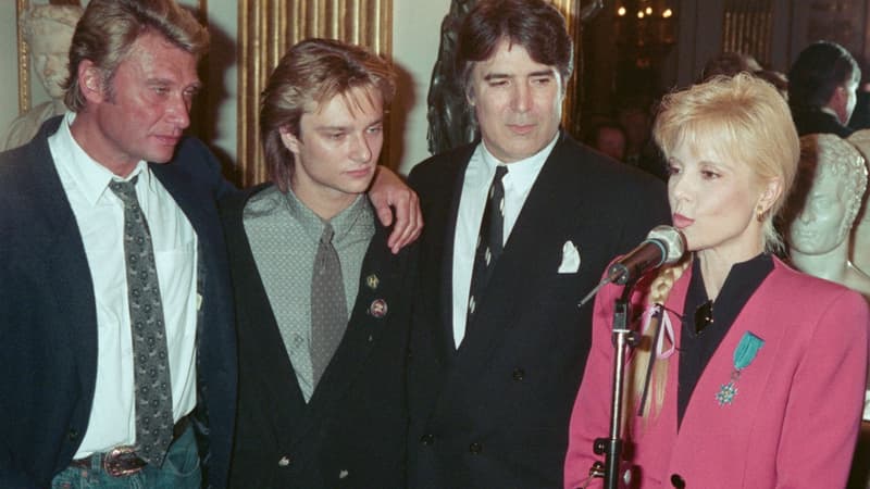 Johnny Hallyday, David Hallyday, Tony Scotti et Sylvie Vartan en 1987