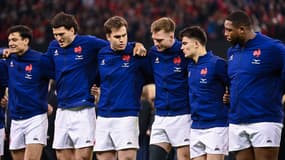 Louis Bielle-Biarrey, Nicolas Depoortère, Damian Penaud, Léo Barré, Nolann Le Garrec et Georges-Henri Colombe avant pays de Galles-France (24-45, VI Nations), le 10 mars 2024
