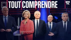 Les candidats au congrès LR Michel Barnier, Valérie Pécresse, Philippe Juvin, Eric Ciotti et Xavier Bertrand avant un débat télévisé, le 8 novembre 2021 à Boulogne-Billancourt (Hauts-de-Seine).