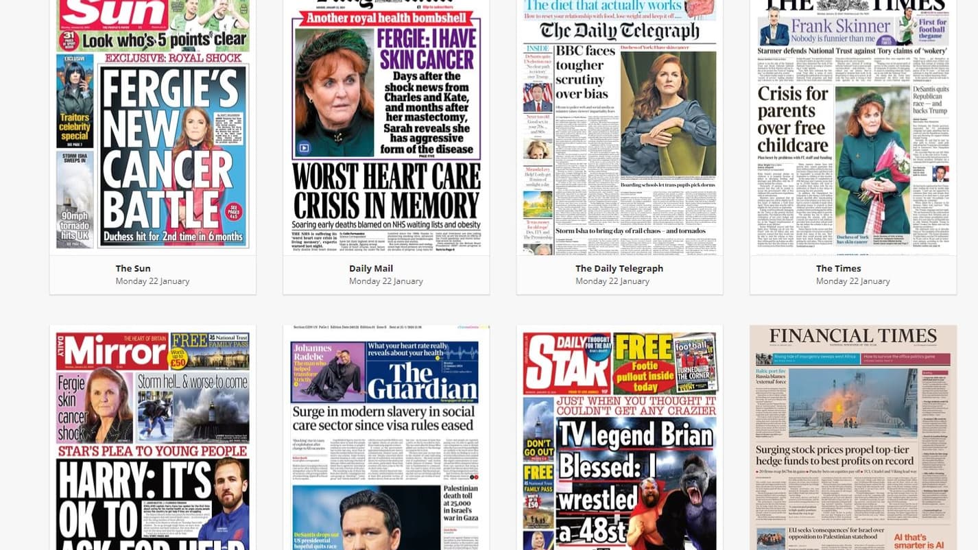 Les unes de quotidiens au Royaume-Uni le 22 janvier 2024.
