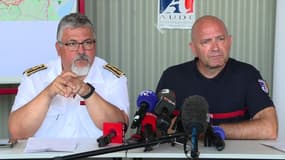 Le préfet de l'Aude et le Colonel Christophe Magny du SDIS 11, lors d'une point presse, le samedi 9 août.