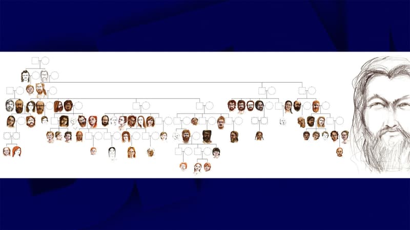 Interprétation artistique du grand arbre généalogique de Gurgy avec des portraits dessinés à la main. Le grand portrait de droite est une représentation de "l'ancêtre commun".