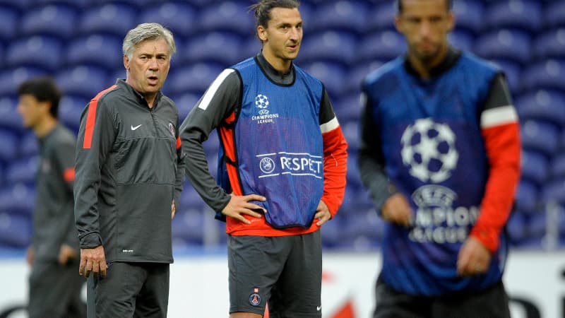 De g. à d. : Ancelotti, Ibrahimovic et Nene