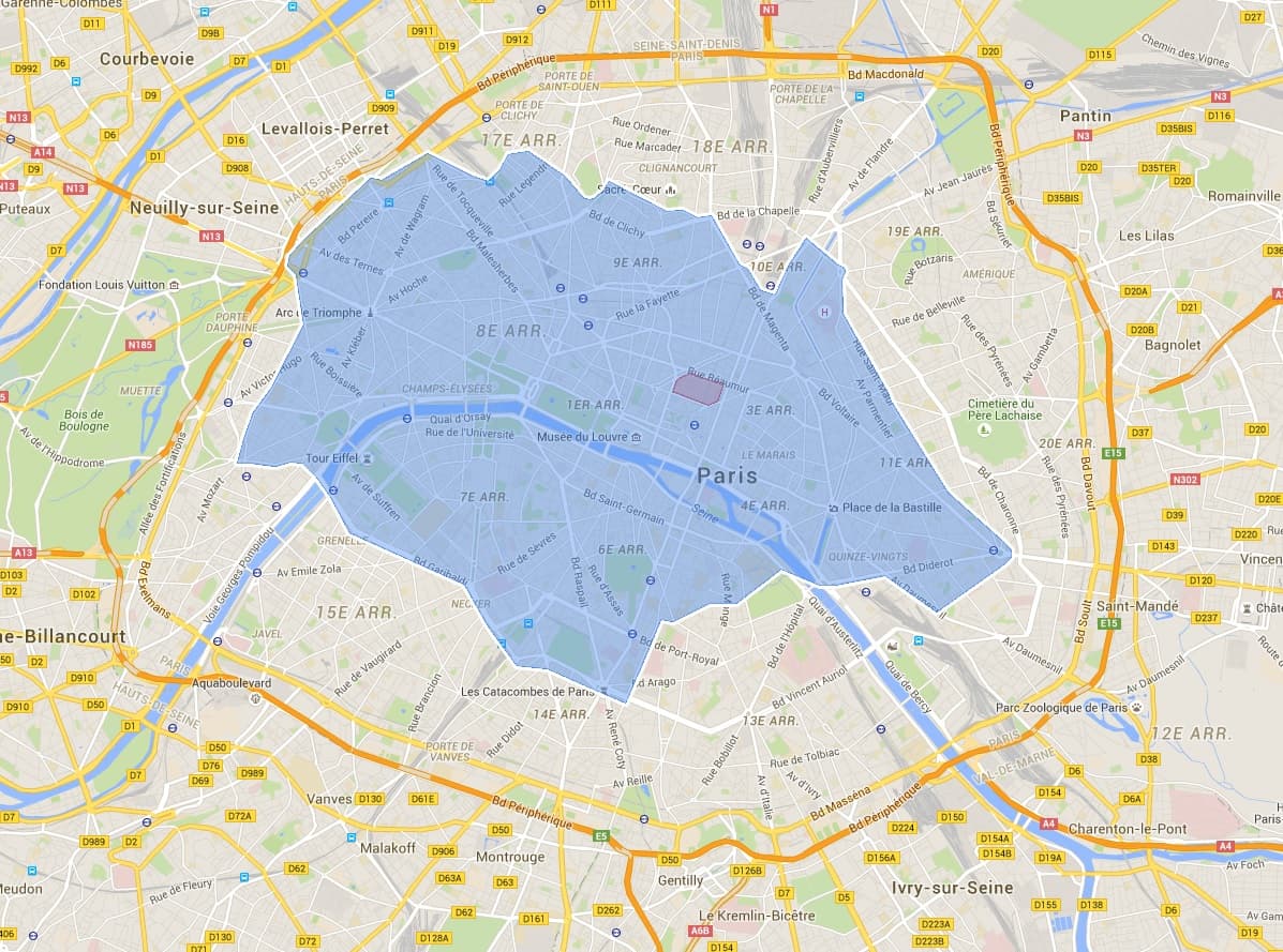 La zone bleue montre la couverture de Cityscoot au 21 juin, jour du lancement du service.