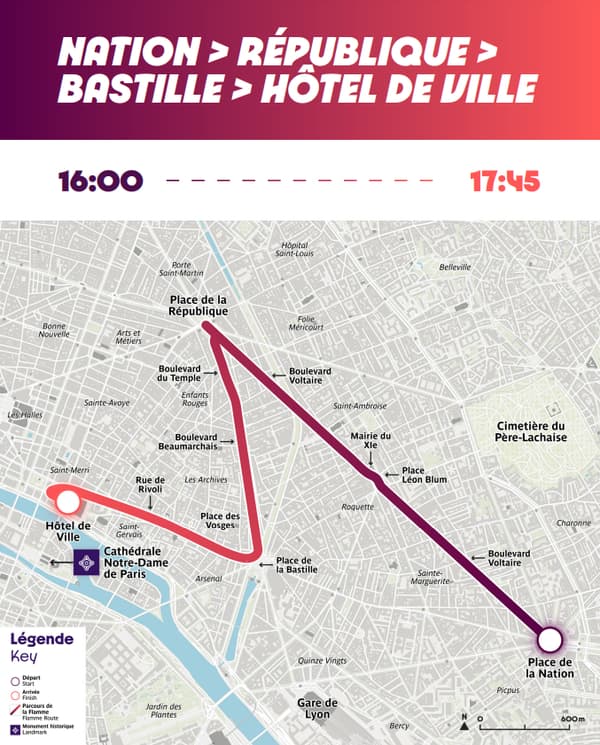 Le parcours de l'étape de l'après-midi pour le segment 1 du relais de la flamme paralympique à Paris, le 28 août 2024.